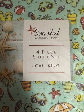 Coastal Collection Cal King 4-Piece Sheet Set in Mint Beach Print